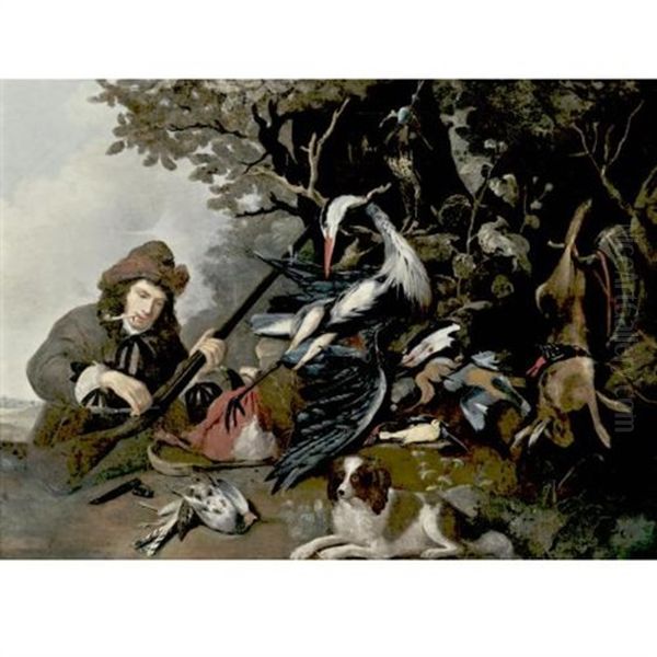 Still Life Of Game And A Hunter In A Landscape Oil Painting by Pieter Van Noort