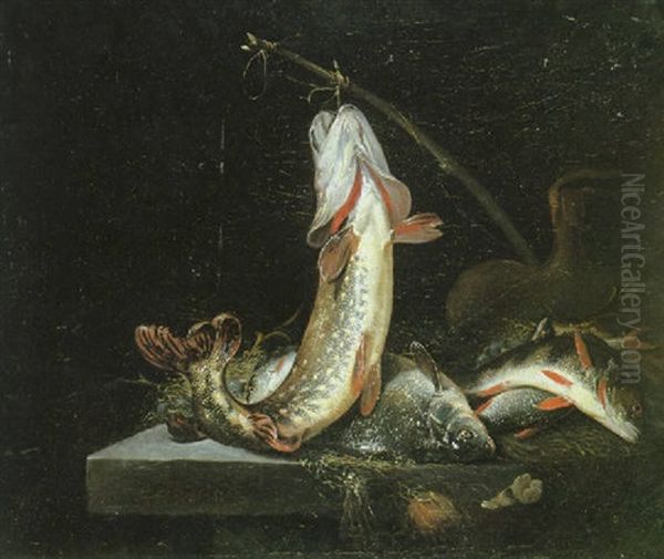 A Still Life Of Fish Resting On A Table Oil Painting by Pieter Van Noort