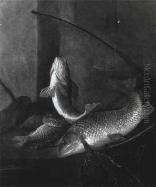 Still Life Of Fish On A Ledge Oil Painting by Pieter Van Noort