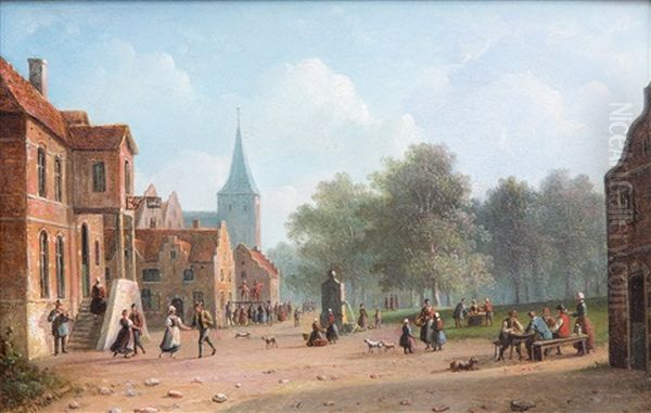 Leisure Activities In A Dutch Village Oil Painting by Jacobus Hendricus Johannes Nooteboom