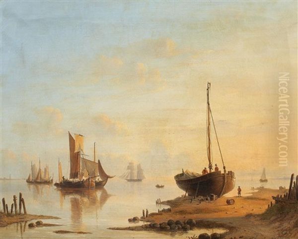 Coastal Landscape With Sailing Ships Oil Painting by Jacobus Hendricus Johannes Nooteboom