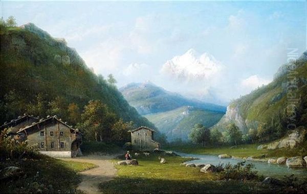 Flusslandschaft Im Gebirge Mit Blick Auf Das Mont-blanc-massiv Oil Painting by Jacobus Hendricus Johannes Nooteboom