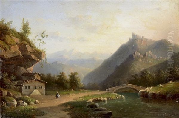 Gebirgslandschaft Mit Brucke Uber Einen Bach Und Frau Vor Einem Haus Oil Painting by Jacobus Hendricus Johannes Nooteboom