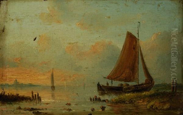 Sailboats In Front Of A Pier With A City On The Left Oil Painting by Jacobus Hendricus Johannes Nooteboom