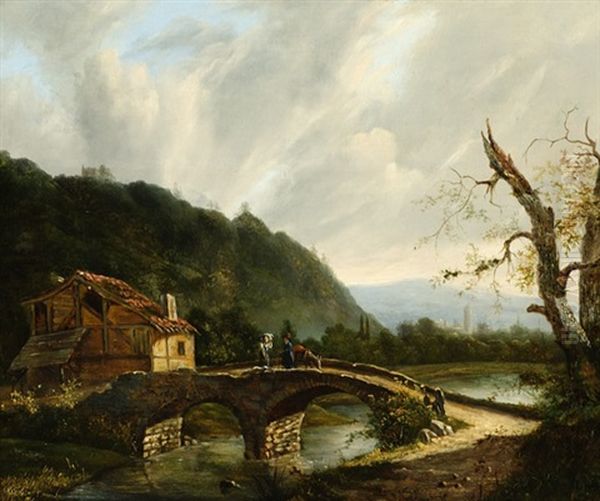 Mountainous Landscape With Figures On A Bridge Oil Painting by Jacobus Hendricus Johannes Nooteboom