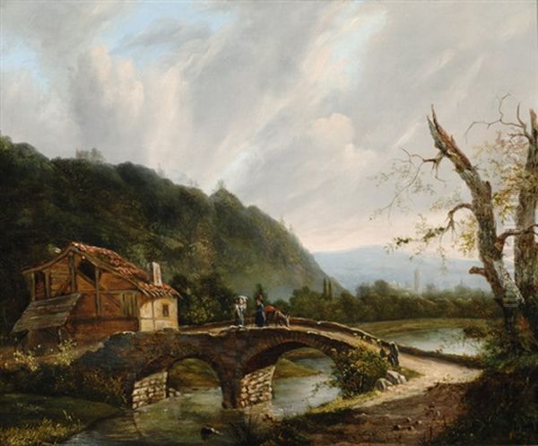 Mountain Landscape With Figures On A Bridge Oil Painting by Jacobus Hendricus Johannes Nooteboom