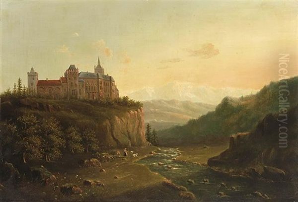 Mountainous Landscape With A Castle On A Hill Top And A Goatherd Near A River Oil Painting by Jacobus Hendricus Johannes Nooteboom