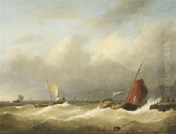 Vor Der Hollandischen Kuste. Segelschiffe Vor Der Mole Oil Painting by Jacobus Hendricus Johannes Nooteboom