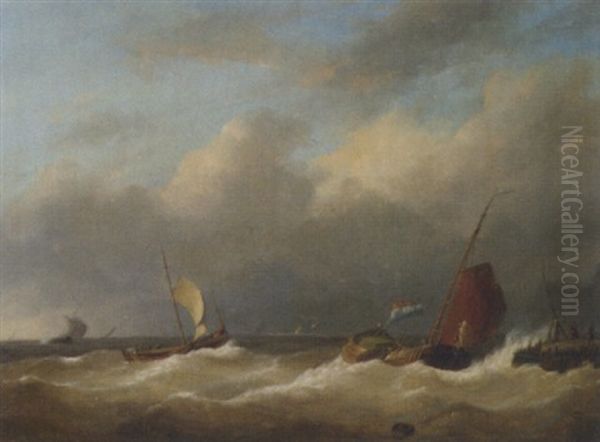 Sailing Vessels By A Jetty Oil Painting by Jacobus Hendricus Johannes Nooteboom