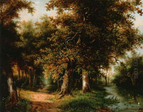 A Woman Carrying Wood In A Forest Oil Painting by Jacobus Hendricus Johannes Nooteboom