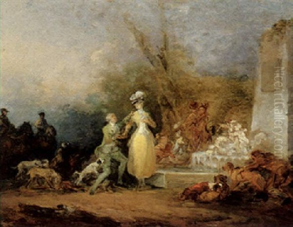 An Elegant Couple Resting With Their Hounds Beside A Fountain Oil Painting by Jean-Pierre Norblin De La Gourdaine