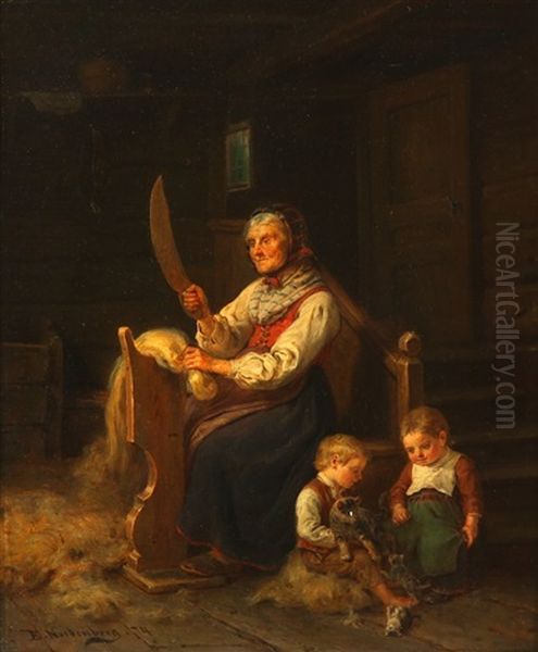 The Wool Cutter, Interior Scene With Children And An Old Lady Oil Painting by Bengt Nordenberg