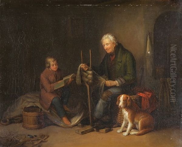 Ein Knabe Unterhalt Mit Vorlesen Seinen Grossvater, Der Ein Fischernetz Ordnet Oil Painting by Bengt Nordenberg