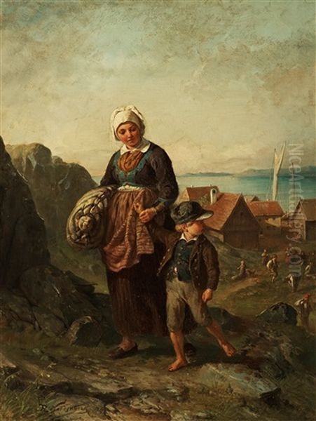 Fisherwoman With Boy Oil Painting by Bengt Nordenberg