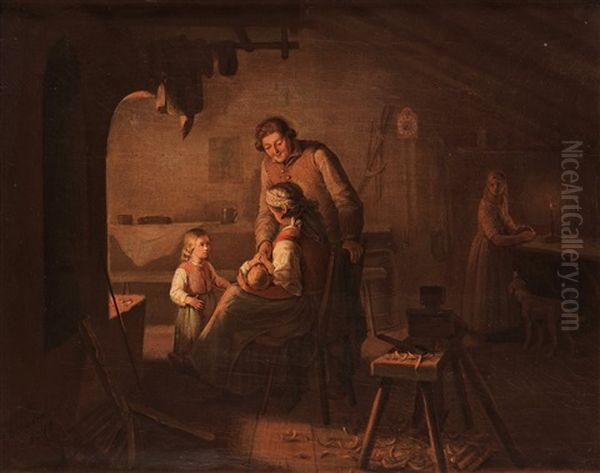 Interior With A Family In Front Of The Fireplace Oil Painting by Bengt Nordenberg