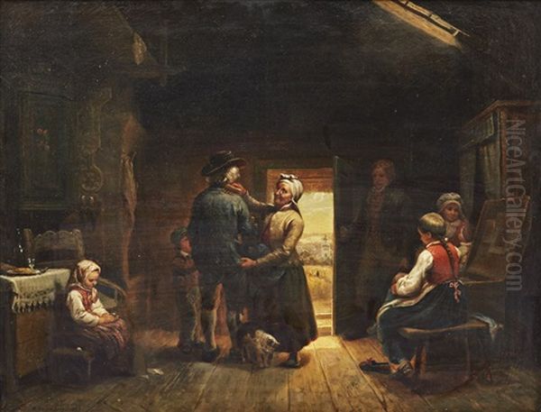 Pa Vag Till Kyrkan - Interior Med Familj Oil Painting by Bengt Nordenberg