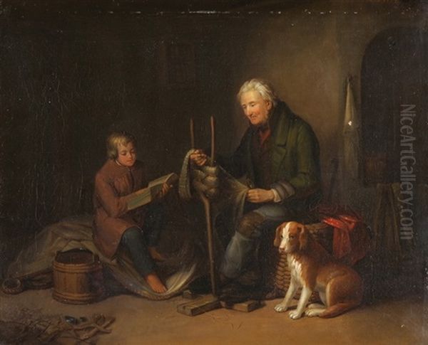 Ein Knabe Unterhalt Mit Vorlesen Seinen Grossvater, Der Ein Fischernetz Ordnet Oil Painting by Bengt Nordenberg