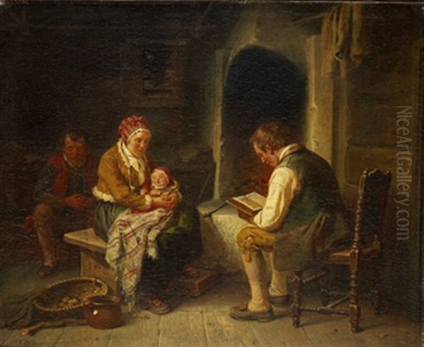 Kvallsbon - Allmogeinterior Oil Painting by Bengt Nordenberg