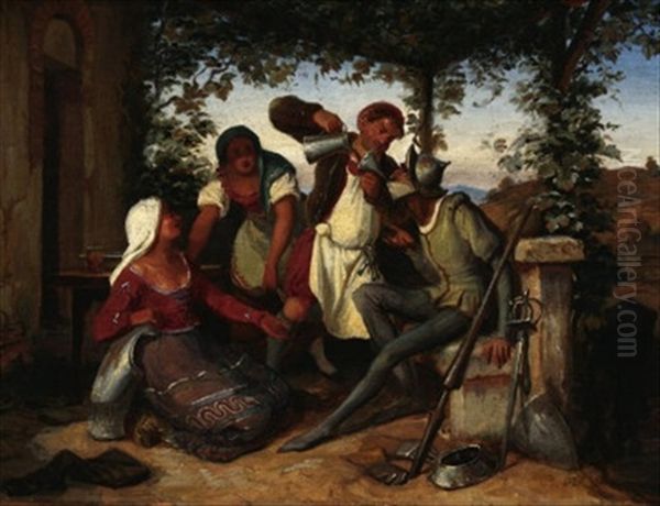 Don Quichotte. Ein Wirt, Umgeben Von Zwei Magden, Flost Dem Erschopften Ritter Wein Ein Oil Painting by Bengt Nordenberg