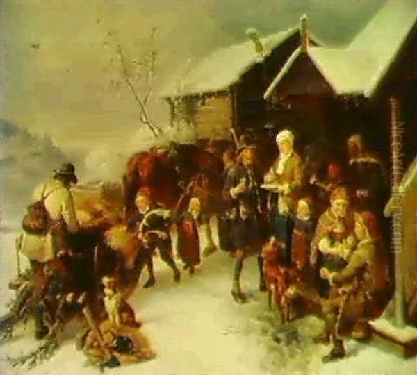 Hem Fran Bjornjakten - Skalande                             Allmoge Vid Farstukvist Oil Painting by Bengt Nordenberg