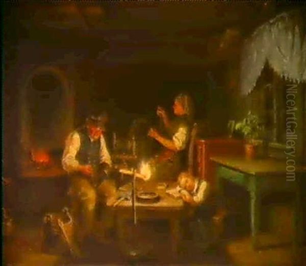 Interior Med Skomakarfamilj Oil Painting by Bengt Nordenberg