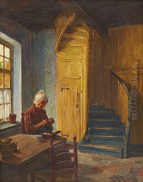 Interior Med Stickande Dam Oil Painting by Henrik Nordenberg