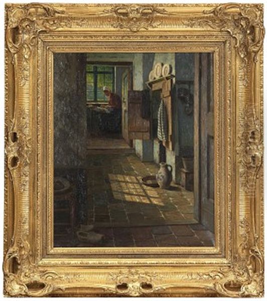 Interior Med Handarbetande Kvinna Vid Fonster Oil Painting by Henrik Nordenberg