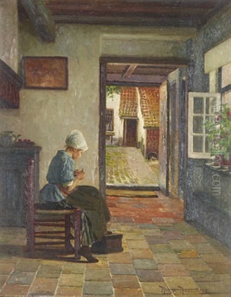 Interior Med Flicka Skalandes Frukt Oil Painting by Henrik Nordenberg