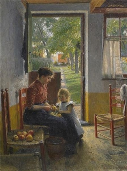 Interieurszene. Mutter Mit Kind Beim Apfel Schalen Oil Painting by Henrik Nordenberg