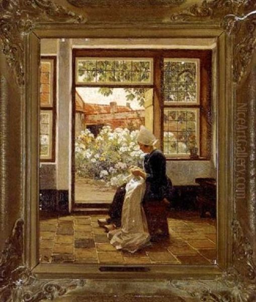 Woman Sweing By The Garden Door Oil Painting by Henrik Nordenberg