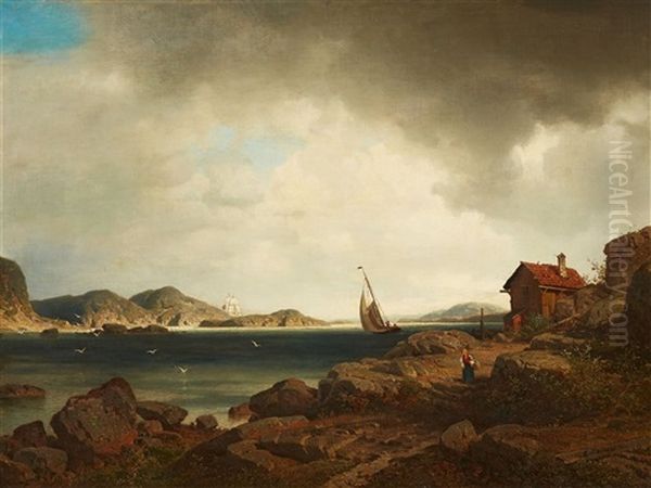 Scandinavian Coastal Landscape With Sailing Ships Oil Painting by Axel Wilhelm Nordgren