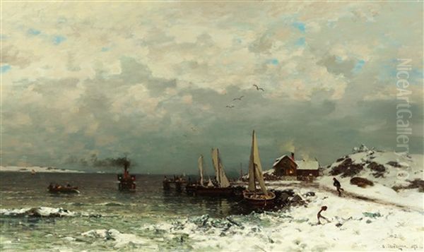 Fishing Port In Winter With Steamboat Oil Painting by Axel Wilhelm Nordgren