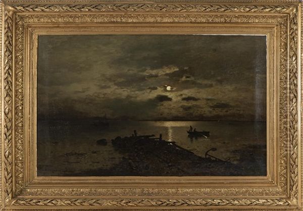 Manbelyst Kustlandskap Med Angfartyg Och Fiskare I Roddbat (mojligen Vid Arild) Oil Painting by Axel Wilhelm Nordgren