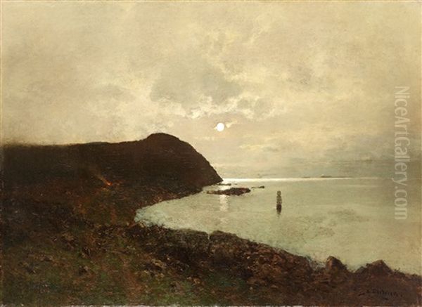 Moonlit Coastal Scene From Bohuslan Oil Painting by Axel Wilhelm Nordgren