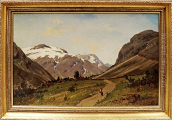 Figure In An Alpine Landscape With A Village In The Distance Oil Painting by Axel Wilhelm Nordgren