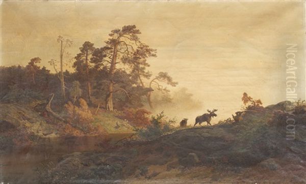 Schwedische Landschaft Mit Elchen Oil Painting by Axel Wilhelm Nordgren