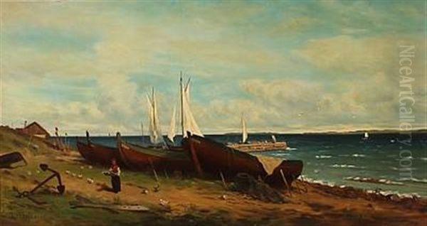 Coastal Scene With Boats On The Beach Oil Painting by Axel Wilhelm Nordgren