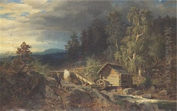 Landskap Med Vattenkvarn Och Fiskare Oil Painting by Axel Wilhelm Nordgren