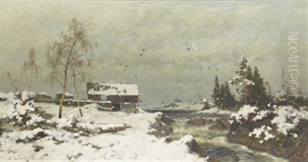 Vinterlandskap Med Lada Vid Fors Oil Painting by Axel Wilhelm Nordgren