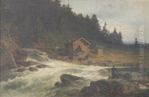 Fishing In The Rapids Oil Painting by Axel Wilhelm Nordgren