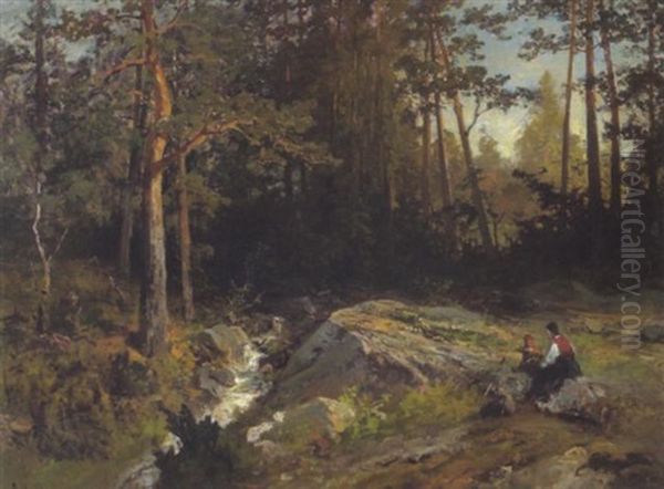 Waldlandschaft Mit Wasserlauf Und Figurlicher Staffage Oil Painting by Axel Wilhelm Nordgren