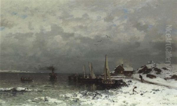 Kleiner Fischerhafen An Verschneiter Skandinavischer Kuste Oil Painting by Axel Wilhelm Nordgren