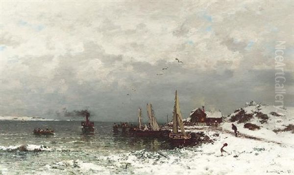 Kleiner Fischerhafen An Verschneiter Skandinavischer Kuste Oil Painting by Axel Wilhelm Nordgren