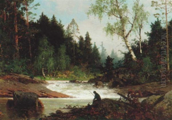 Skogslandskap Med Fiskare Vid Fors Oil Painting by Axel Wilhelm Nordgren