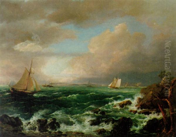 Kustlandskap Med Segelbatar Och Branningar Oil Painting by Axel Wilhelm Nordgren