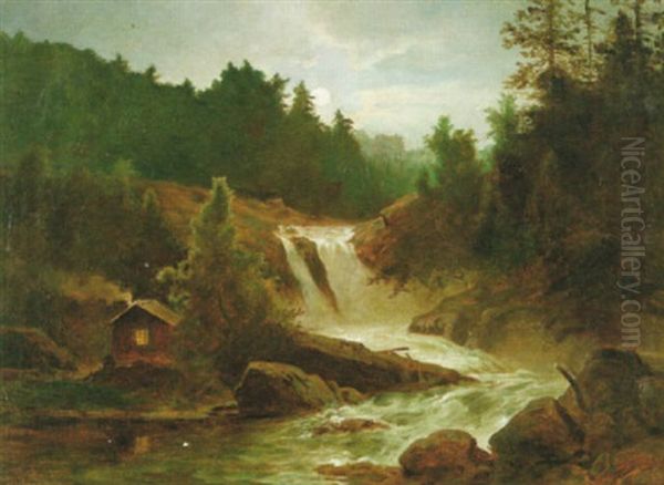 Landskap Med Vattenfall Oil Painting by Axel Wilhelm Nordgren