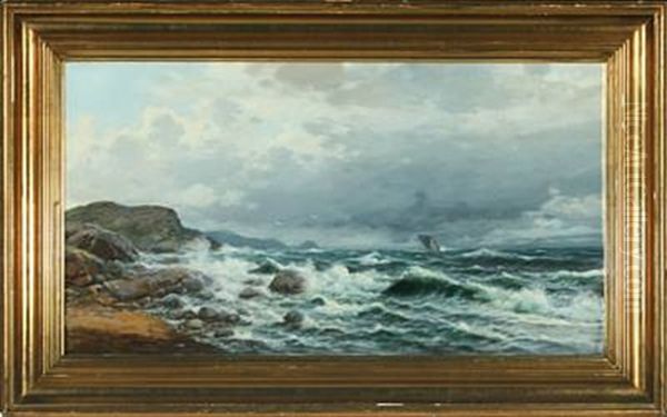 Norwegian Coastal Scenery With A Sailboat At Sea Oil Painting by Olaf Nordlien