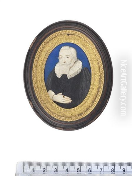 John Harrison Senior (1552-1628), Against A Blue Background, Wearing Black Cloak, White Pleated Ruff, White Cuff, Gold And Ruby Ring, His Right Hand Raised To His Chest Oil Painting by Edward Norgate