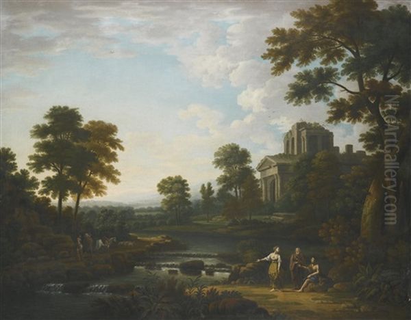 Arcadian Landscape With Figures Beside A Weir Oil Painting by James Norie