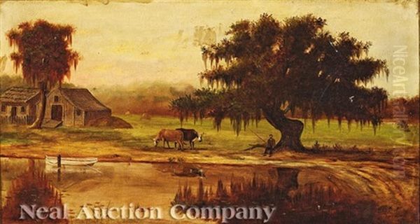 Louisiana Landscape With Cabin, Barn, Cattle And Fisherman Oil Painting by August Norieri